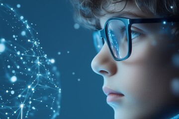 Close-up of a child with glasses looking at a glowing digital network. education and technology concept