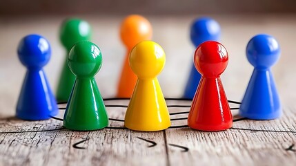 Colorful game pieces meeting on wooden table, network background
