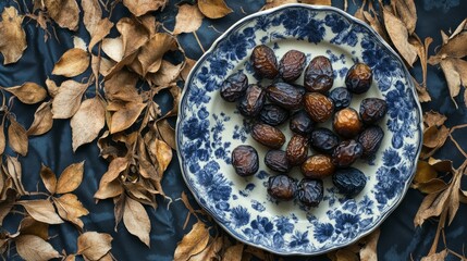 Fototapeta premium Dried dates on decorative plate with autumn leaves surrounding