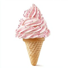 Indulge in a delightful swirl of Bubblegum soft-serve ice cream, served in a crispy waffle cone, perfect for summer treats.