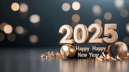 2025 made of glittering lights, surrounded by golden confetti, with elegant gold and black Christmas decorations