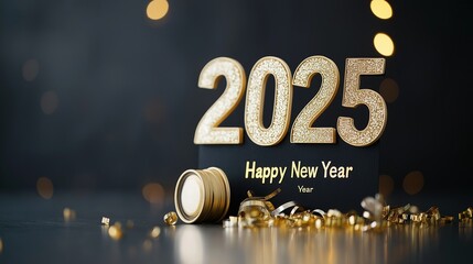 2025 made of glittering lights, surrounded by golden confetti, with elegant gold and black Christmas decorations