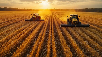 Fototapeta premium Golden wheat harvest with tractors at sunset in expansive field