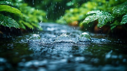 Fototapeta premium Rain Falling on Lush Green Leaves and a Stream