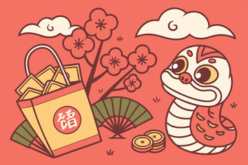 Japanese New Year, festive red background, cute cartoon snake, pine trees, plum blossoms, kadomatsu decoration, lucky mallet, fortune bags, gold coins, shishi lion dance mask, stylized clouds, flat de