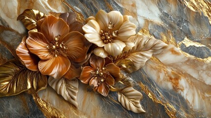 Luxurious 3D floral arrangement on marble background.