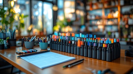 Obraz premium Colorful Markers Organized on a Wooden Tabletop