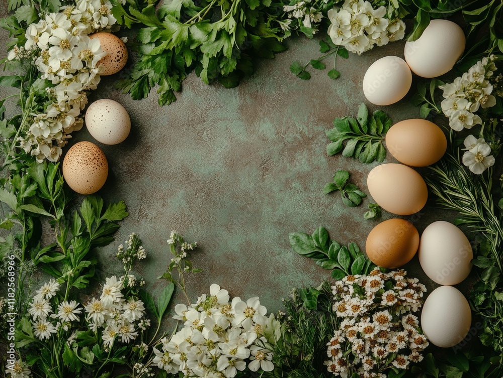 Poster rustic flat lay with eggs and greenery organic table styling and natural elegance