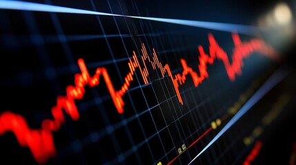 Dynamic red financial graph displaying market trends on a dark background