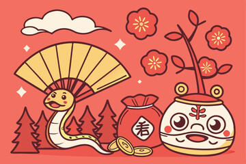 Japanese New Year, festive red background, cute cartoon snake, pine trees, plum blossoms, kadomatsu decoration, lucky mallet, fortune bags, gold coins, shishi lion dance mask, stylized clouds, flat de