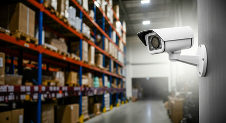 Security camera monitors a large warehouse space filled with stacked boxes during daytime operations