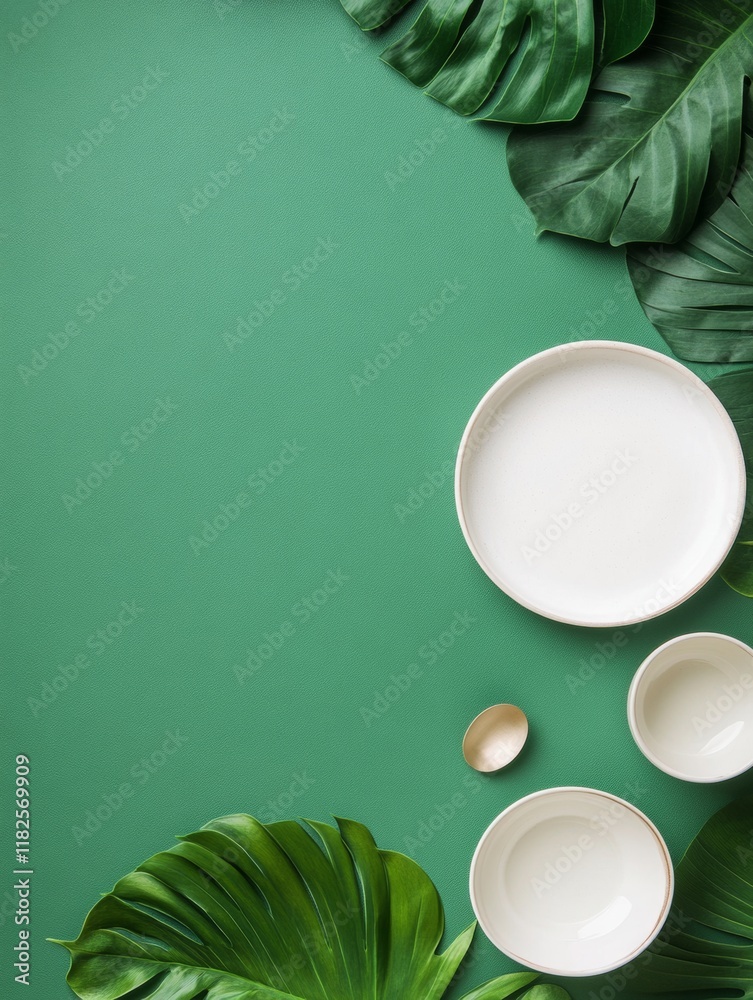 Canvas Prints Tropical Elegance Creative Flat Lay with Leaves and Tableware on Textured Table