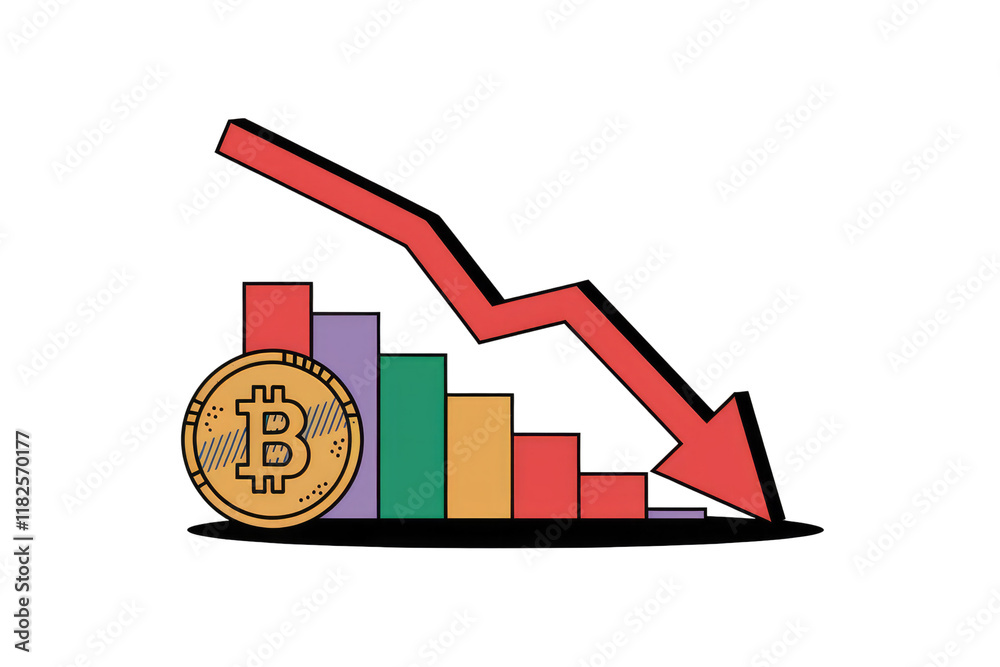 Poster Bitcoin value plummets, shown by a downward trending bar graph indicating a significant price drop. background removed