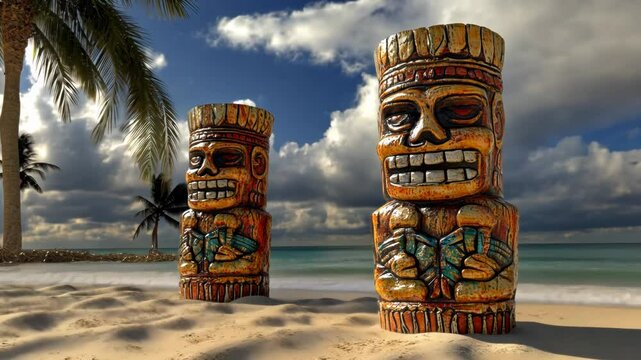 Colorful Wooden Totem Pole Sculpture with Tribal Face Carvings and Cultural Significance