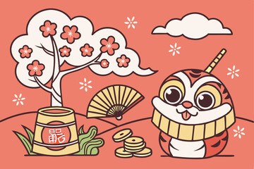 Japanese New Year, festive red background, cute cartoon snake, pine trees, plum blossoms, kadomatsu decoration, lucky mallet, fortune bags, gold coins, shishi lion dance mask, stylized clouds, flat de