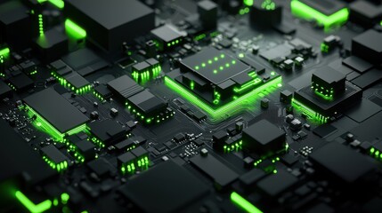 Electric green circuit board design digital technology abstract art high-tech environment top-down perspective futuristic concept