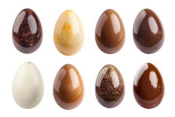 Fototapeta premium Variety of 8 chocolate easter eggs isolated on a white transparent background