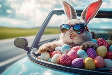 Cool bunny driving with easter eggs in a car on a sunny day