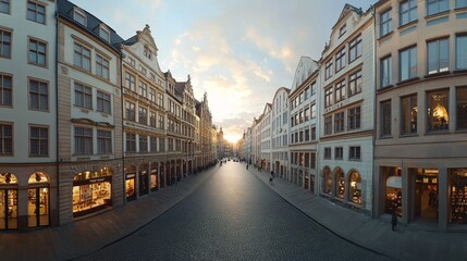 Naklejka premium Cobblestone street in a historic town at sunset with people strolling leisurely