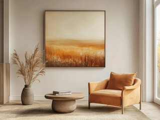 A living room with a soft muted palette of dusty oranges, browns, and golds, featuring minimalist furniture and fall-themed artwork.