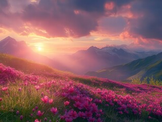 a tranquil field filled with vibrant red flowers under a breathtaking sunset, creating a picturesque landscape that captures the beauty of nature in perfect harmony