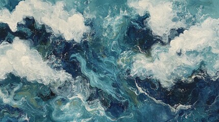 Fototapeta premium Abstract Ocean Waves Painting Teal White Clouds