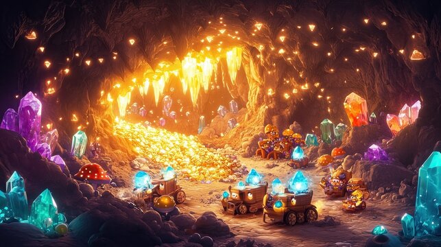 Stylized cartoon goldmine with dwarves mining rainbow-colored crystals and gold nuggets, mushroom lamps, mining carts