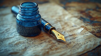 Elegant fountain pen rests on aged paper near inkwell