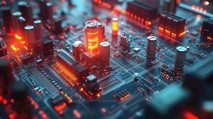 Illuminated Circuit Board Components Glowing Brightly
