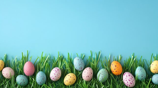 Colorful easter eggs in grass with blue sky background