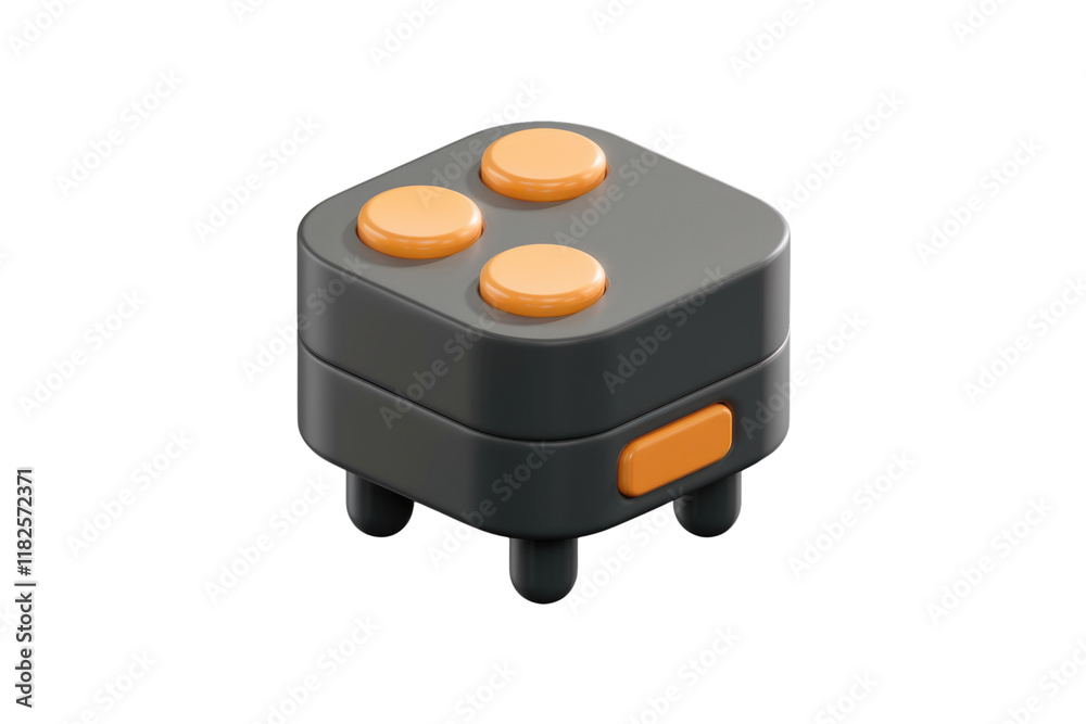 Poster A 3D render of a small, dark grey device with four orange buttons. background removed