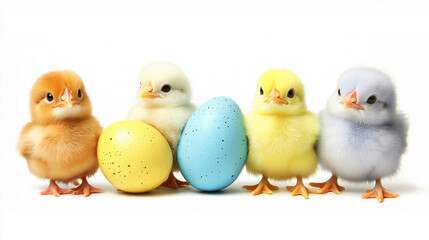 Fototapeta premium some fluffy chicks between colored easter eggs, isolated on white background. Design element for easter greeting card. Happy easter mockup. Design element for poster, banner. Cute easter chicks.