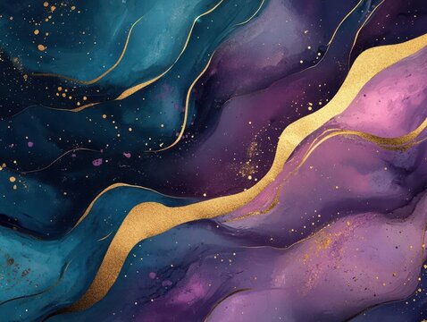 abstract fluid art background with swirling metallic gold, deep purple, and teal marble effect for luxury design projects