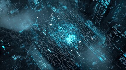 Abstract circuit design with neon blue overlays digital landscape visual art futuristic environment aerial view technology concept