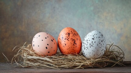 Obraz premium Three speckled eggs in a nest on rustic wooden surface