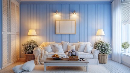 Obraz premium Serene Coastal Living Room Interior Design with White Sofa and Blue Walls