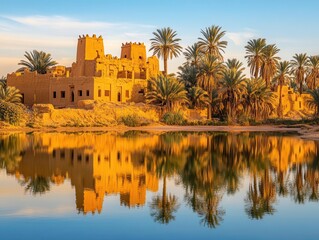 ancient desert oasis paradise of siwa egypt with traditional mud brick architecture and palm trees reflecting in crystal clear lake at golden hour