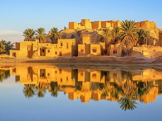 Obraz premium ancient desert oasis paradise of siwa egypt with traditional mud brick architecture and palm trees reflecting in crystal clear lake at golden hour