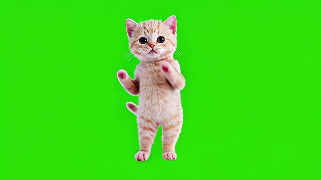 Looped dancing baby cute tabby kitten isolated on green chroma key background. Full body shot, alpha transparent overlay