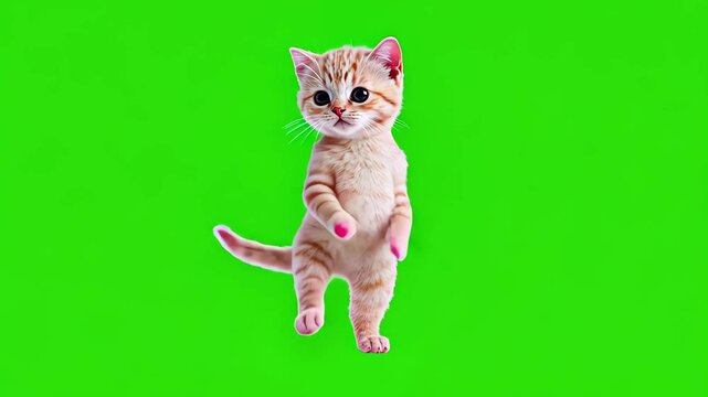 Looped dancing baby cute tabby kitten isolated on green chroma key background. Full body shot, alpha transparent overlay