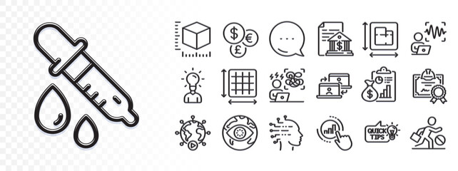 Floor plan, Package size and Chemistry pipette line icons for web app. Glare of light effect. Message icon. Pack of Bank document, Education, Report pictogram icons. Vector