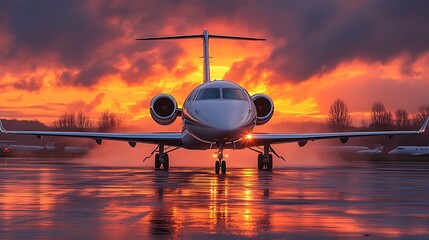 Private Jet at Sunset Runway Reflection