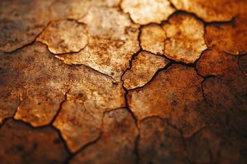 Fototapeta premium Cracked earth reveals rich textures under warm sunlight in a serene natural landscape
