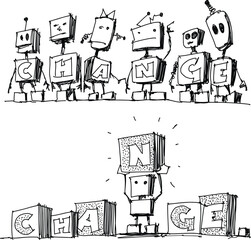 Two hand drawn sketches of team of robots performing change