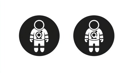 Astronaut icons in circles, space suit, white & black background, app button
