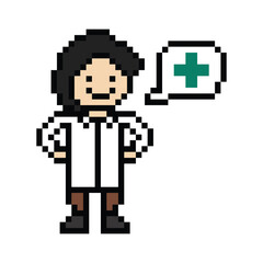 Cute pixel cartoon 8bit character man doctor or scientist game care for decoration pharmacist male doctor uniform in hospital 8 bit male pixel art 8bit png vector.