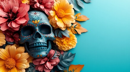 Colorful skull with vibrant flowers on a turquoise background in a festive arrangement