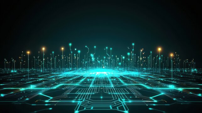 Abstract circuit design in ocean teal digital landscape technology art futuristic environment wide-angle perspective