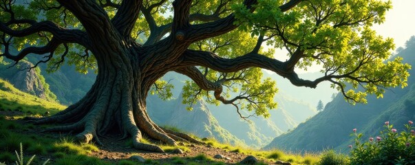 Ancient oak, gnarled branches reaching skyward , powerful, spring