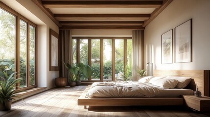 Fototapeta premium Cozy rustic bedroom, exposed wooden beams, large windows with garden view, neutral color palette, soft natural light, minimalist decor, linen bedding, hardwood floors, ceiling fan, framed botanical pr